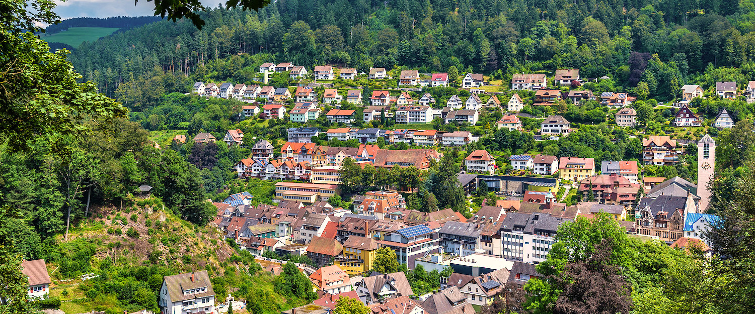 Blick über Triberg im Schwarzwald mit Häusern am bewaldeten Hang